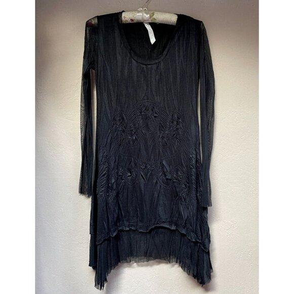 Sun Light Volga Womens Scoop Neck Crinkle Pleated Mini Dress Size 3 Black Ruffle - Picture 1 of 8